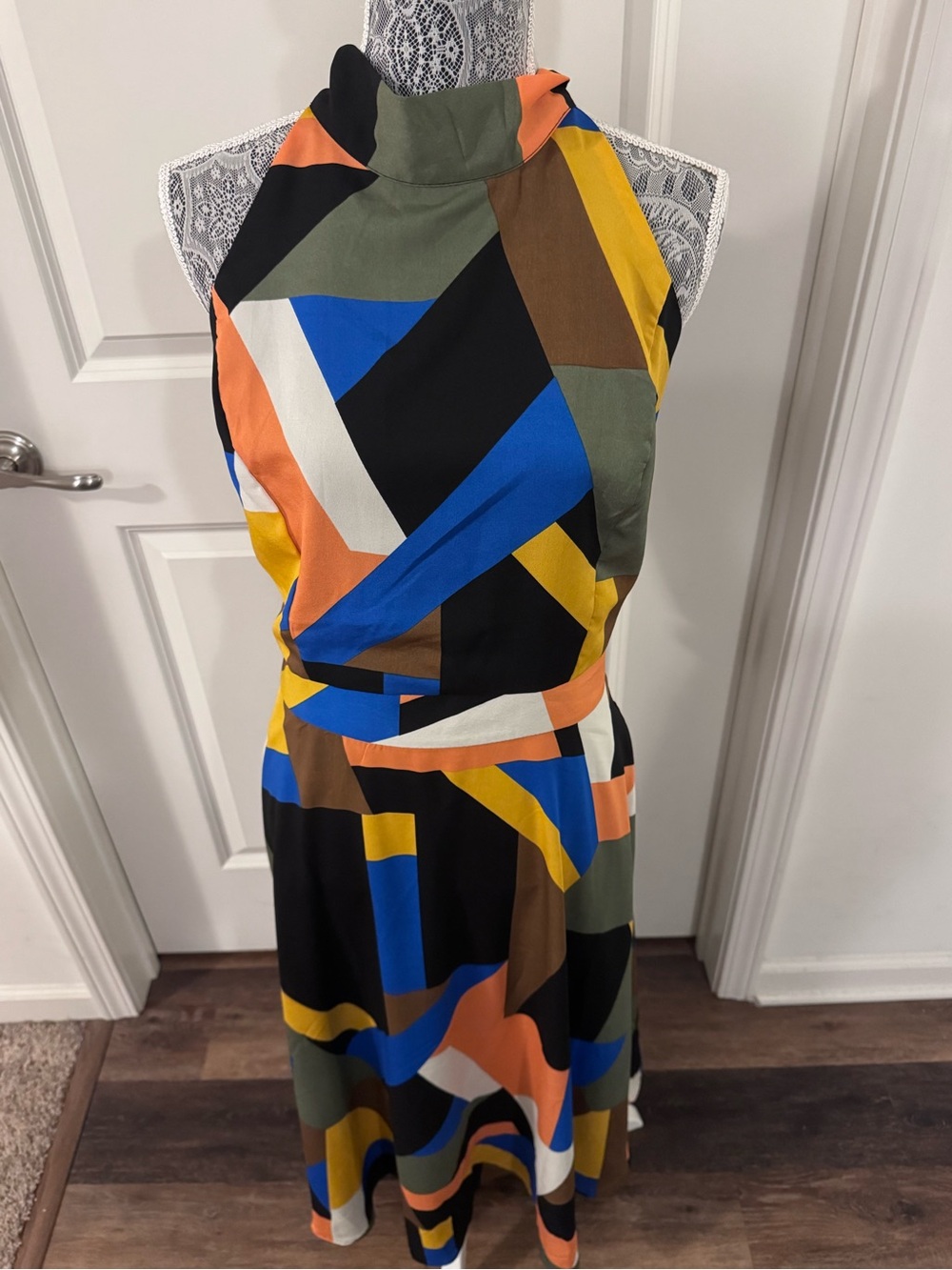 NWT High-Neck Geometric Midi Dress in Multicolor - Picture 2 of 4